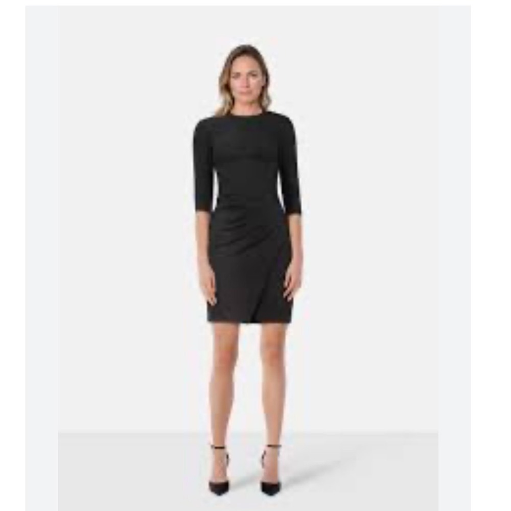 L'AGENCE Black Ruched Wool Blend Sheath Dress 3/4 Sleeve Size 4 Quiet Luxury